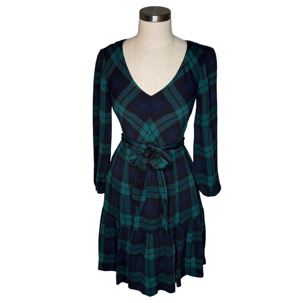 J.CREW Tartan Plaid Fit & Flare Green Blue Long Sleeve Dress Women's‎ Size 00